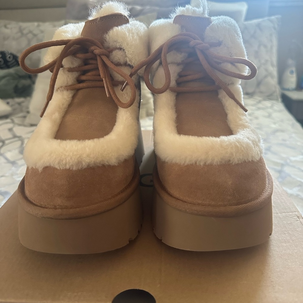 UGG Esmee Shearling Lace Up Tan and Cream Women's Winter Boots - Picture 2 of 12